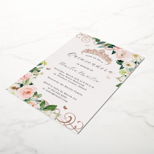 Roos Gouden Blush Bloemen Swirl Quinceanera Folie Uitnodiging (Gedraaid)