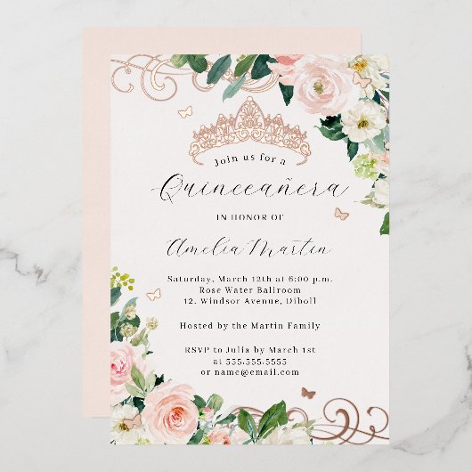 Roos Gouden Blush Bloemen Swirl Quinceanera Folie Uitnodiging (Voorkant / Achterkant)