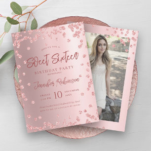 Roos gouden blush chique glitter foto zoet 16 kaart