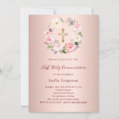 Roos gouden blush roze bloemen kruis Eerste Commun Kaart (Voorkant)