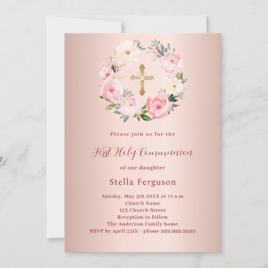 Roos gouden blush roze bloemen kruis Eerste Commun Kaart (Voorkant)