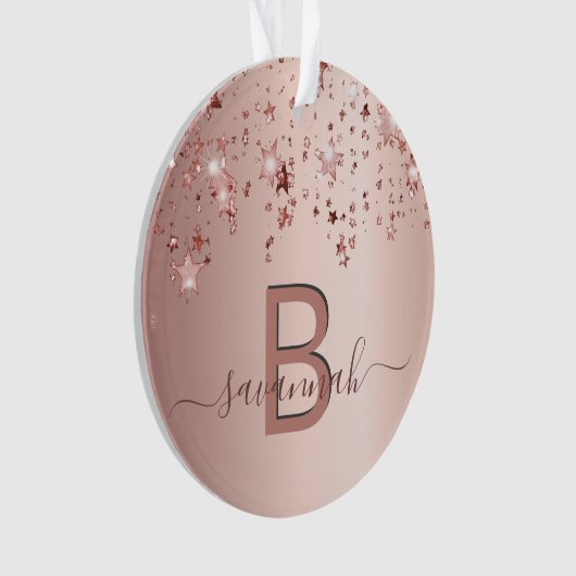 Roos gouden blush roze monogram sterren druppelen ornament (voorkant)