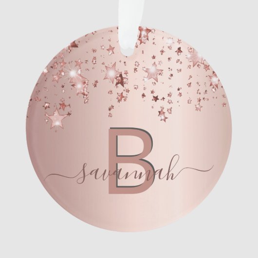 Roos gouden blush roze monogram sterren druppelen ornament (voorkant)