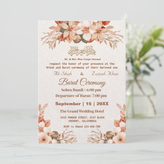 Roos gouden Boho bloemenPakistaanse bruiloft Kaart (Staand voorkant)