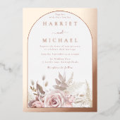 Roos Gouden Boho Boog Blush Bloemen Huwelijk Folie Uitnodiging (Voorkant)
