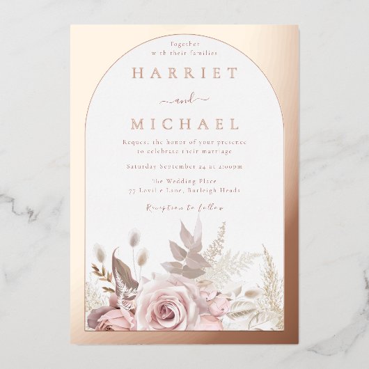 Roos Gouden Boho Boog Blush Bloemen Huwelijk Folie Uitnodiging (Voorkant)