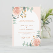 Roos gouden boog bloemengroen bruiloft kaart (Staand voorkant)