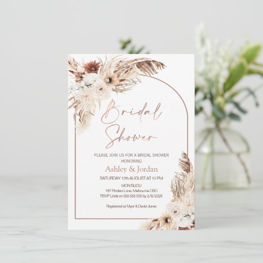 Roos gouden boog terracotta boho bloemendouche kaart (Staand voorkant)