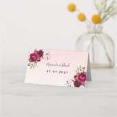 Roos gouden bordeaux bloemen bruiloft plaatskaartje (Voorkant)