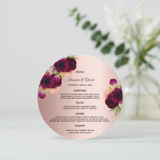 Roos gouden bordeaux bloemetjes trouwkaart kaart (Staand voorkant)