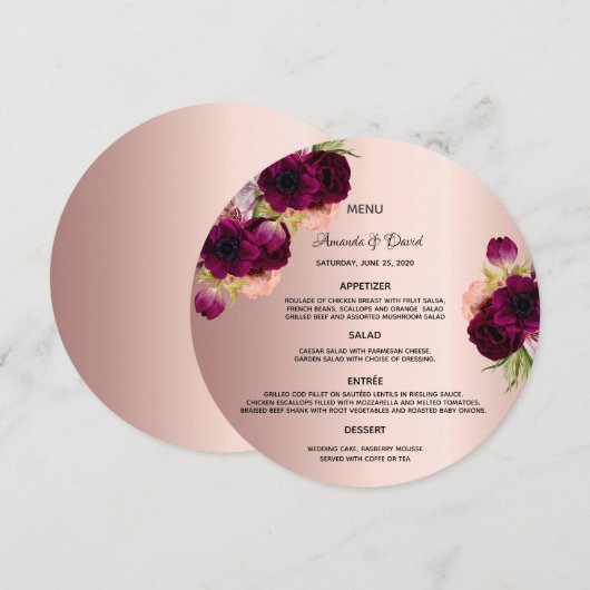 Roos gouden bordeaux bloemetjes trouwkaart kaart (Voorkant / Achterkant)