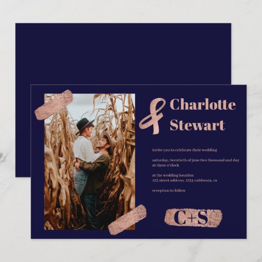 Roos gouden borstelslag elegante bruinbruidfoto kaart (Voorkant / Achterkant)