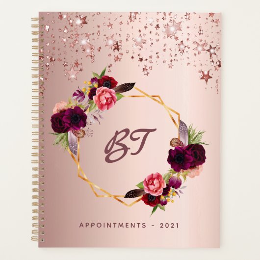 Roos gouden Bourgondische bloemen Monogram Stars 2 Planner (Voorkant)
