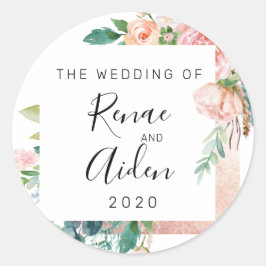 Roos gouden bruiloft sticker, roze bloemen gunst ronde sticker