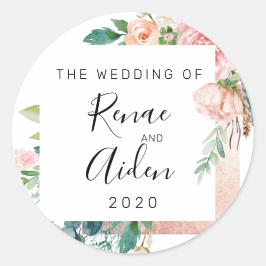 Roos gouden bruiloft sticker, roze bloemen gunst ronde sticker (Voorkant)