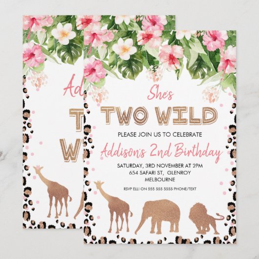 Roos gouden cheeta print twee wilde tweede verjaar kaart (Voorkant / Achterkant)