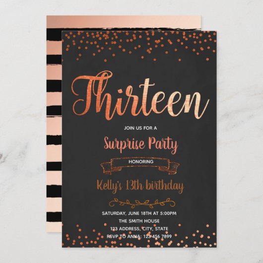 Roos gouden confetti 13e verjaardag uitnodiging (Voorkant / Achterkant)