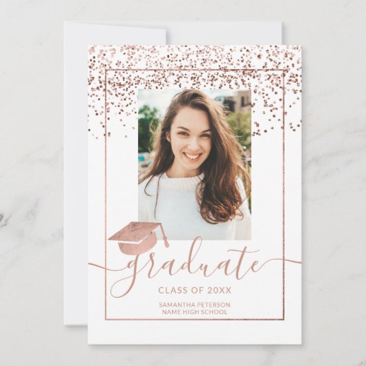 Roos gouden confetti afstuderen witte typografie kaart (Voorkant)