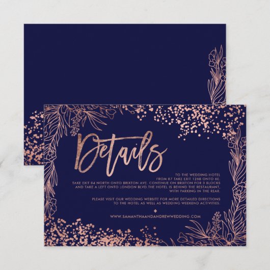 Roos gouden confetti bloemenbruiloft richting informatiekaartje (Voorkant / Achterkant)