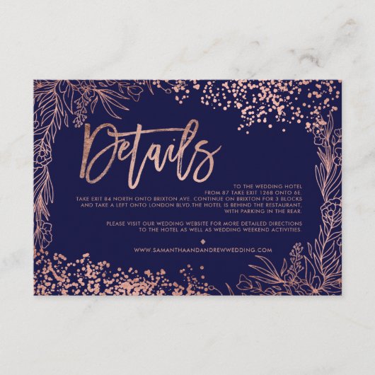 Roos gouden confetti bloemenbruiloft richting informatiekaartje (Voorkant)