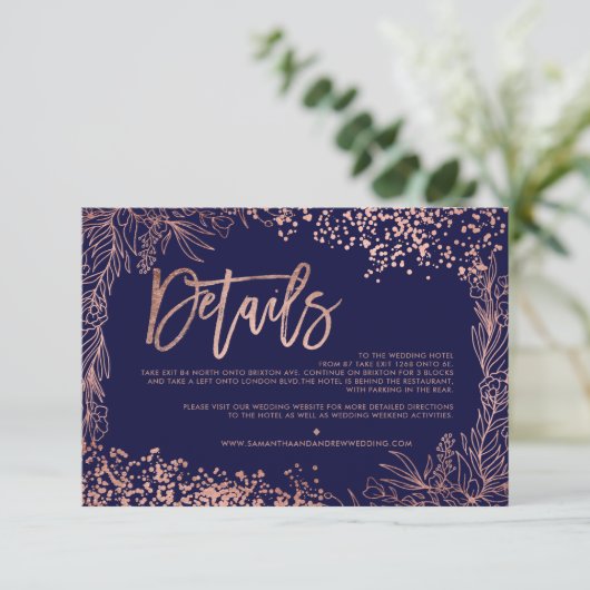 Roos gouden confetti bloemenbruiloft richting informatiekaartje (Staand voorkant)