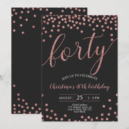 Roos Gouden Confetti Elegante 40ste Verjaardag Vro Kaart (Voorkant / Achterkant)