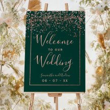 Roos gouden confetti emerald green bruiloft welkom
