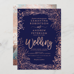 Roos gouden confetti floral navy blue bruiloft kaart