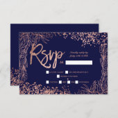 Roos gouden confetti floral navy blue rsvp bruilof (Voorkant / Achterkant)
