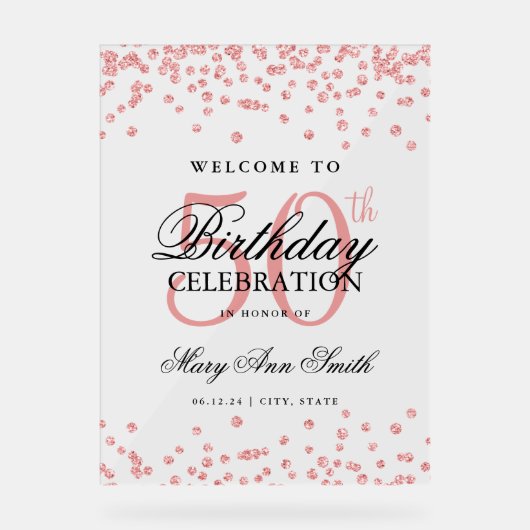 Roos Gouden Confetti Glitter 50ste Verjaardag Welk Acryl Bord (Voorkant)