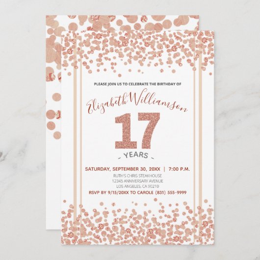 Roos Gouden Confetti Glitter-Style 17e Verjaardag Kaart (Voorkant / Achterkant)
