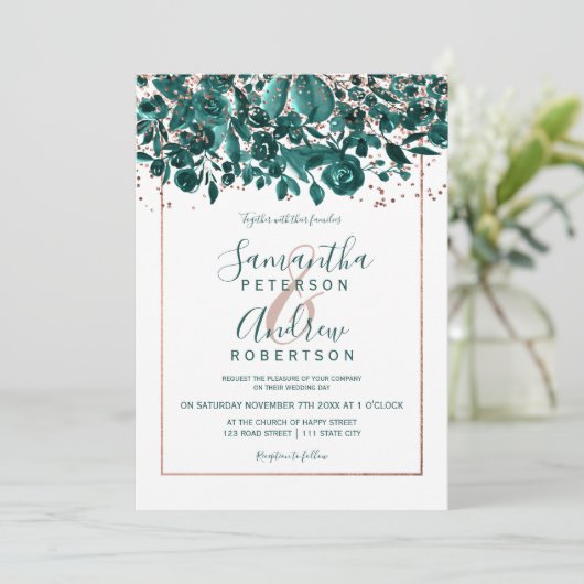 Roos gouden confetti groen chique bloemenfoto brui kaart (Staand voorkant)