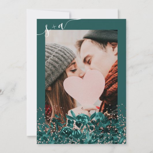 Roos gouden confetti groen chique bloemenfoto brui kaart (Achterkant)