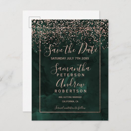 Roos gouden confetti groene script behalve datum aankondigingskaart (Voorkant / Achterkant)