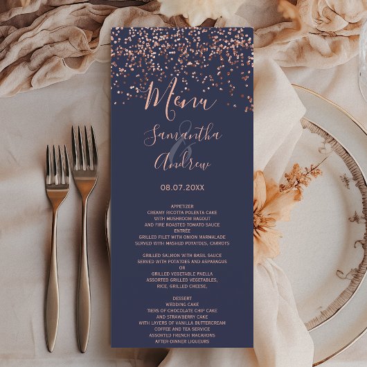 Roos gouden confetti marineblauw bruiloft menu