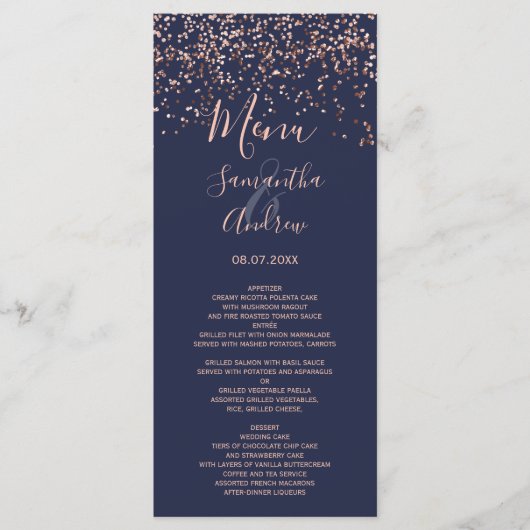 Roos gouden confetti marineblauw bruiloft menu (Voorkant)