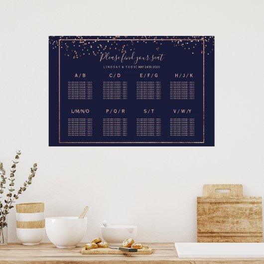 Roos gouden confetti marineblauwe trouwtafel zitpl poster (Keuken)