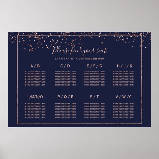 Roos gouden confetti marineblauwe trouwtafel zitpl poster (Voorkant)