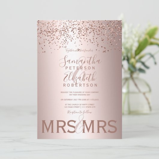 Roos gouden confetti metallic folie lesbische brui kaart (Staand voorkant)