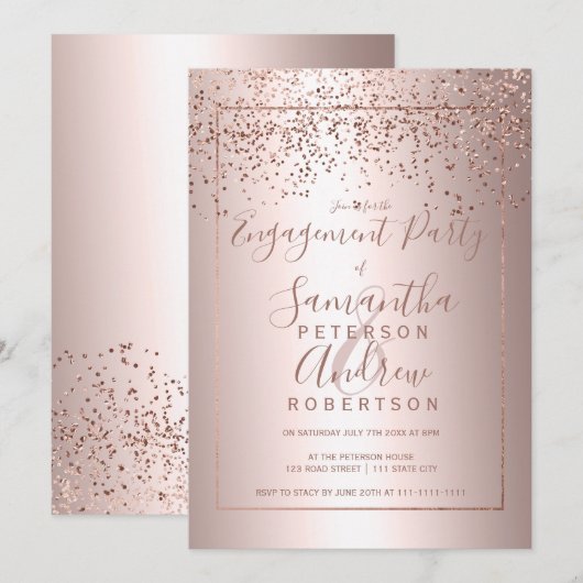 Roos gouden confetti metallic typografie verloving kaart (Voorkant / Achterkant)