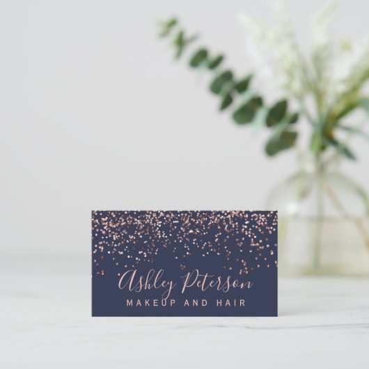 Roos gouden confetti navy blauw chique typografie visitekaartje (Staand voorkant)