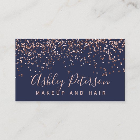 Roos gouden confetti navy blauw chique typografie visitekaartje (Voorkant)