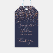Roos gouden confetti navy blauw script bruiloft gu cadeaulabel (Voorkant)