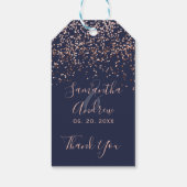 Roos gouden confetti navy blauw script bruiloft gu cadeaulabel (Achterkant)