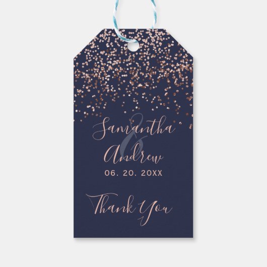 Roos gouden confetti navy blauw script bruiloft gu cadeaulabel (Achterkant)