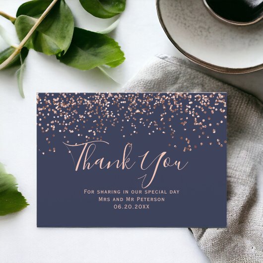 Roos gouden confetti navy blue typografie bedankt kaart