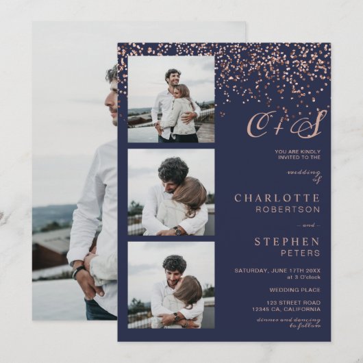 Roos gouden confetti navy initialen foto's bruilof kaart (Voorkant / Achterkant)