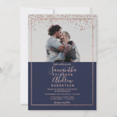 Roos gouden confetti navy typografie foto bruiloft kaart (Voorkant)