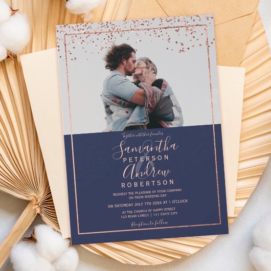 Roos gouden confetti navy typografie foto bruiloft kaart