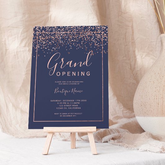 Roos gouden confetti navy typografie grote opening kaart